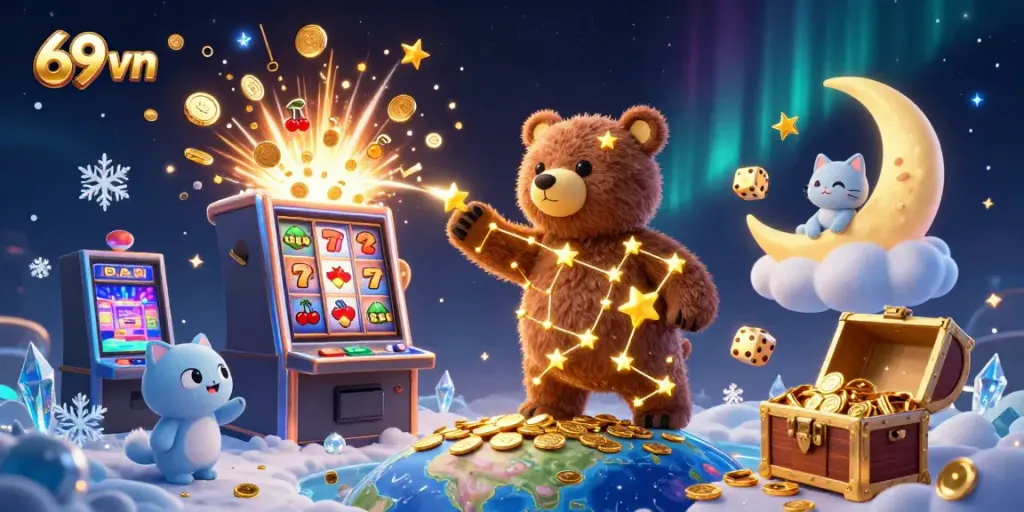 Experience the excitement of winning at 69 vn as the constellation bear scoops up coins with a backdrop of colorful casino elements.