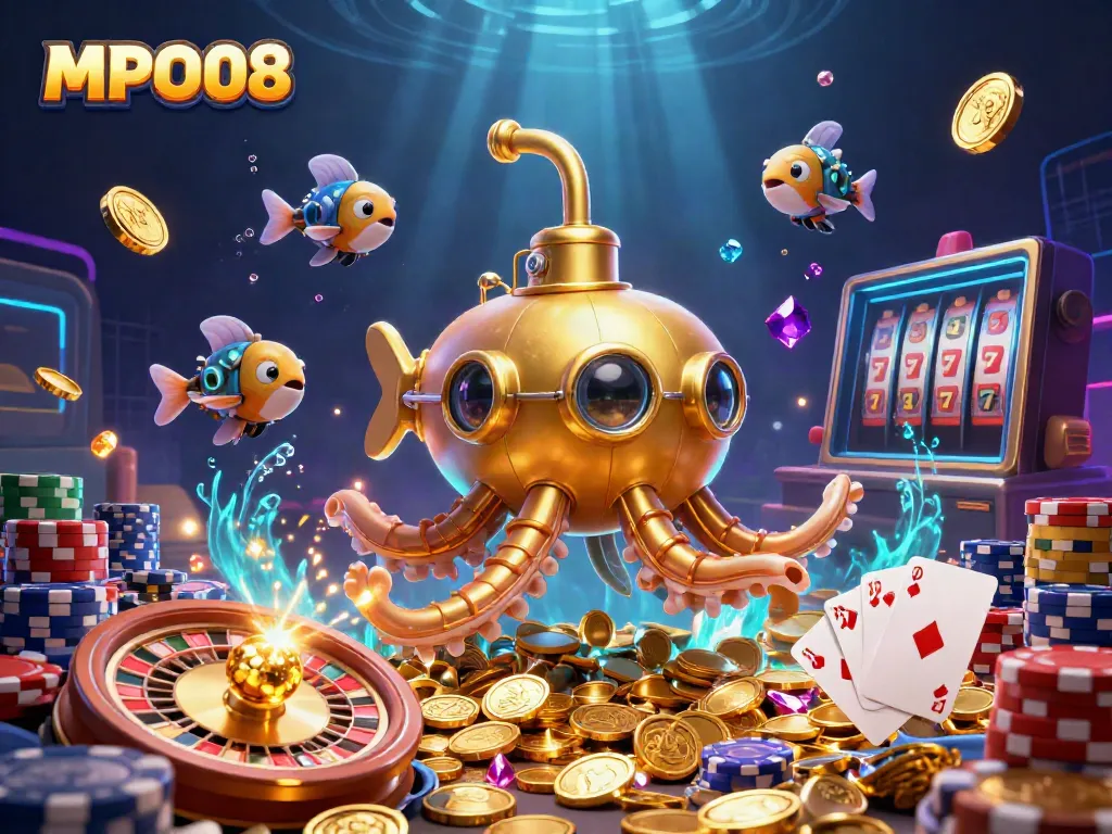 Experience MPO08's thrilling underwater adventure with the kraken submarine and glorious casino elements.