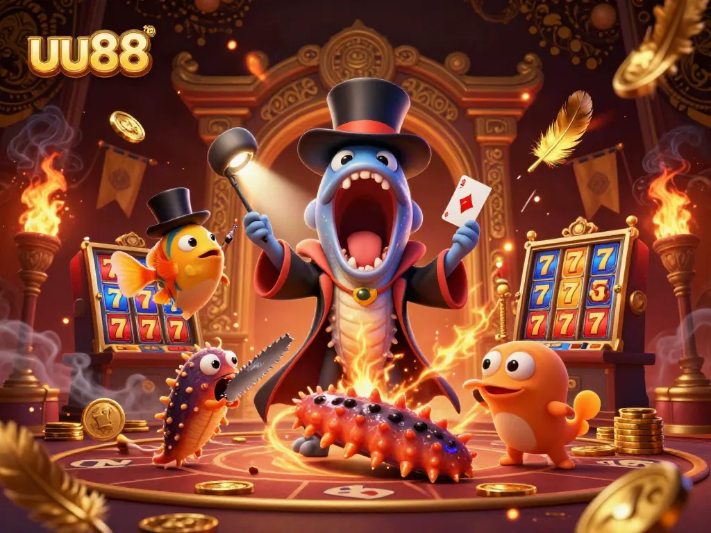 uu88 featuring a surreal casino scene with a deep-sea eel performing card tricks surrounded by vibrant slot machines.
