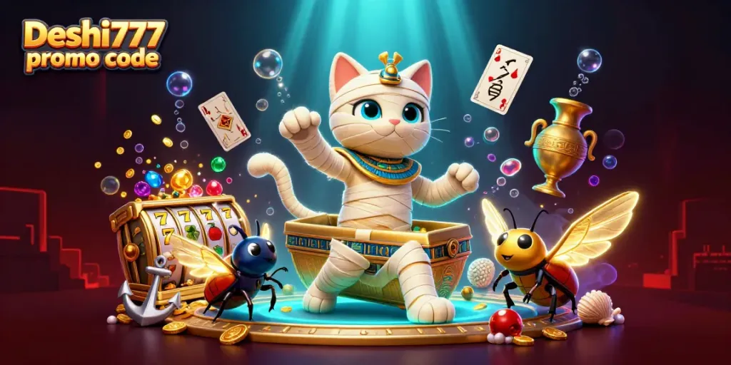 Experience the excitement of the Deshi777 promo code with bonus symbols and vibrant casino elements.