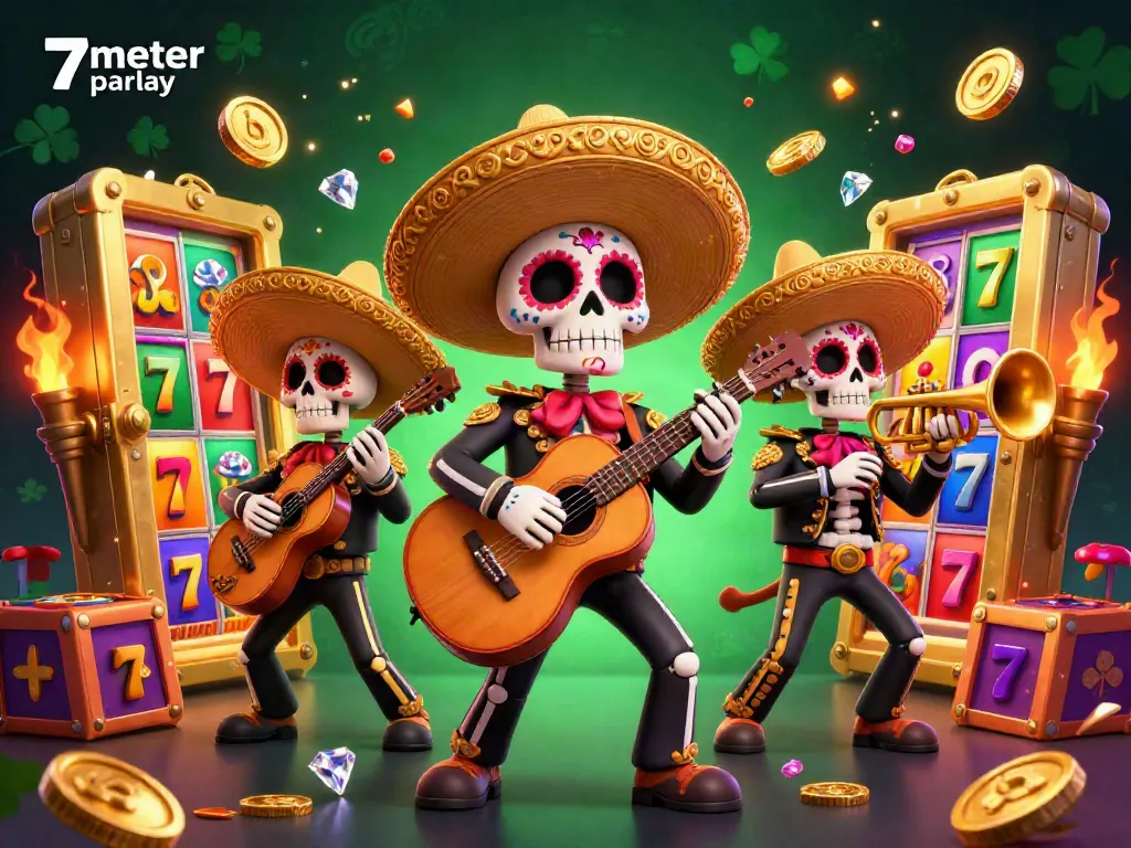 Experience thrilling gaming action with 7meter parlay in a vibrant mariachi scene surrounded by rich casino visuals.