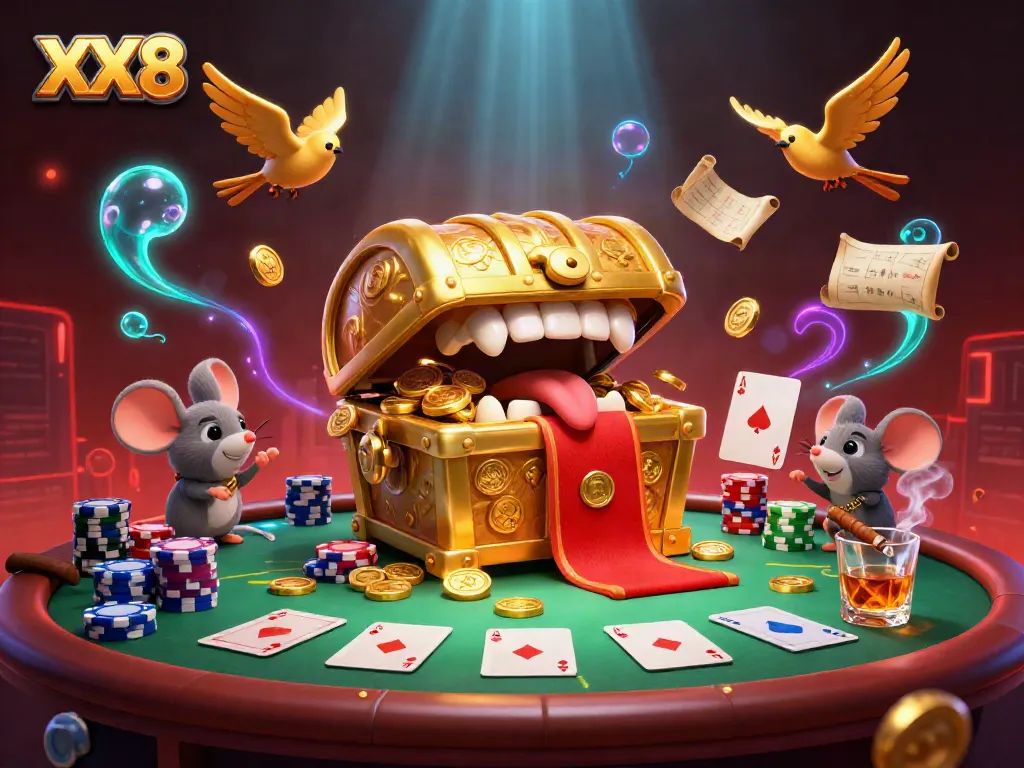 Adventurer mice captivated by a golden treasure chest in a vibrant casino scene featuring poker elements and rich details.