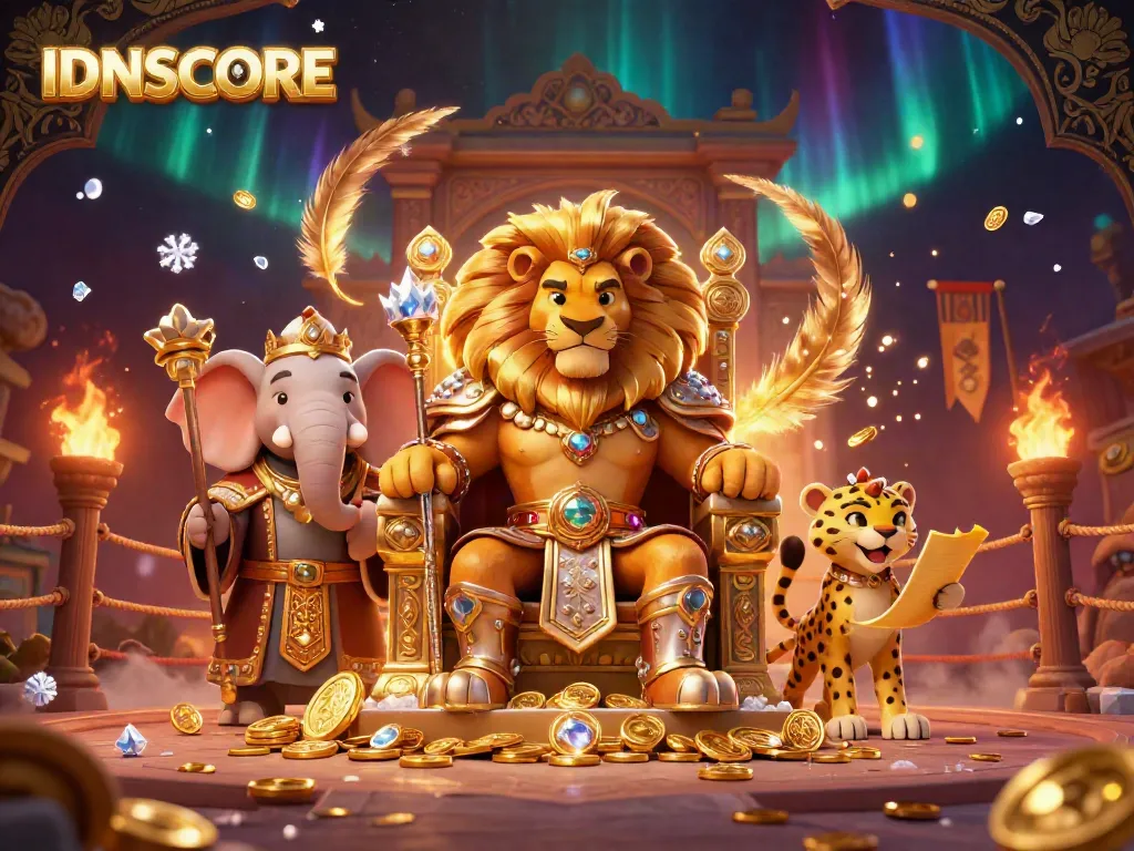 Experience IDNSCORE's vibrant gambling arena with a lion king, elephant, and cheetah amidst golden coins and mystical effects.