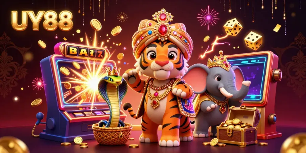 Experience the vibrant world of UY88 with a thrilling jackpot scene featuring a maharaja tiger and an elephant in a colorful casino.