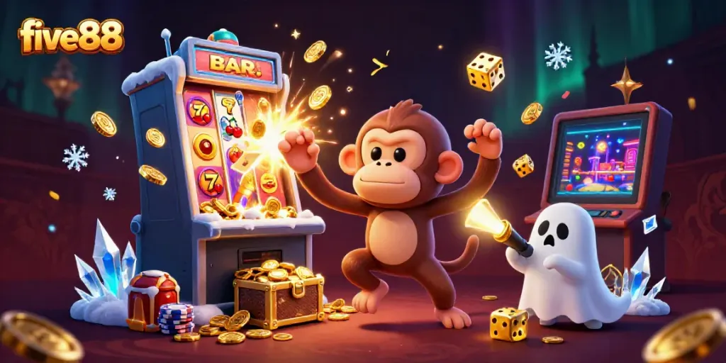 Experience thrilling wins with five88 in this vibrant haunted casino scene featuring playful characters.