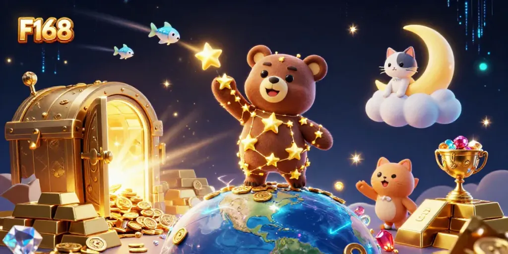 F168 constellation bear collecting gold coins amidst vibrant casino treasures in a magical night sky.