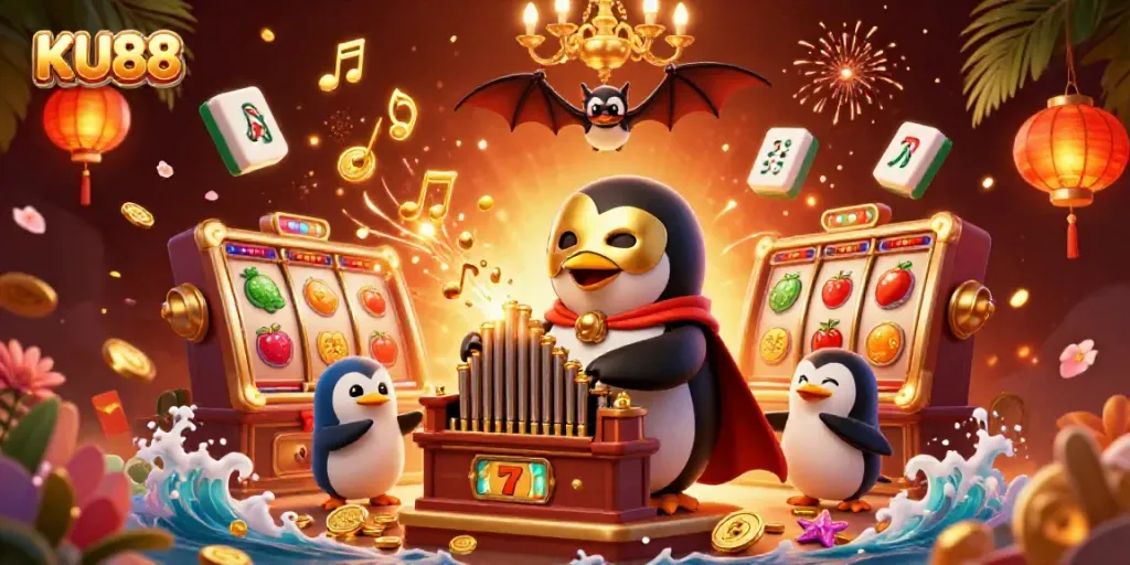 Experience the excitement of KU88 with a lively casino scene featuring a penguin, bat acrobat, and slot machines.