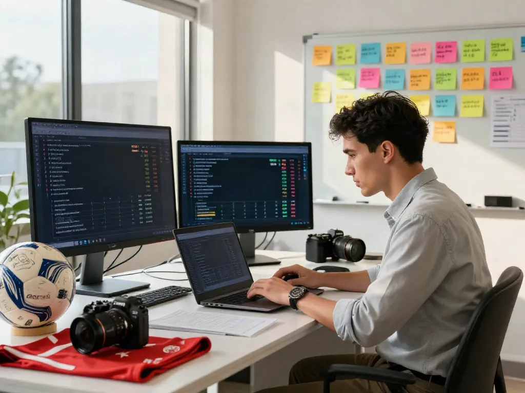 ข่าวตลาดซื้อขายนักเตะ lively office scene showing journalist tracking real-time transfer updates