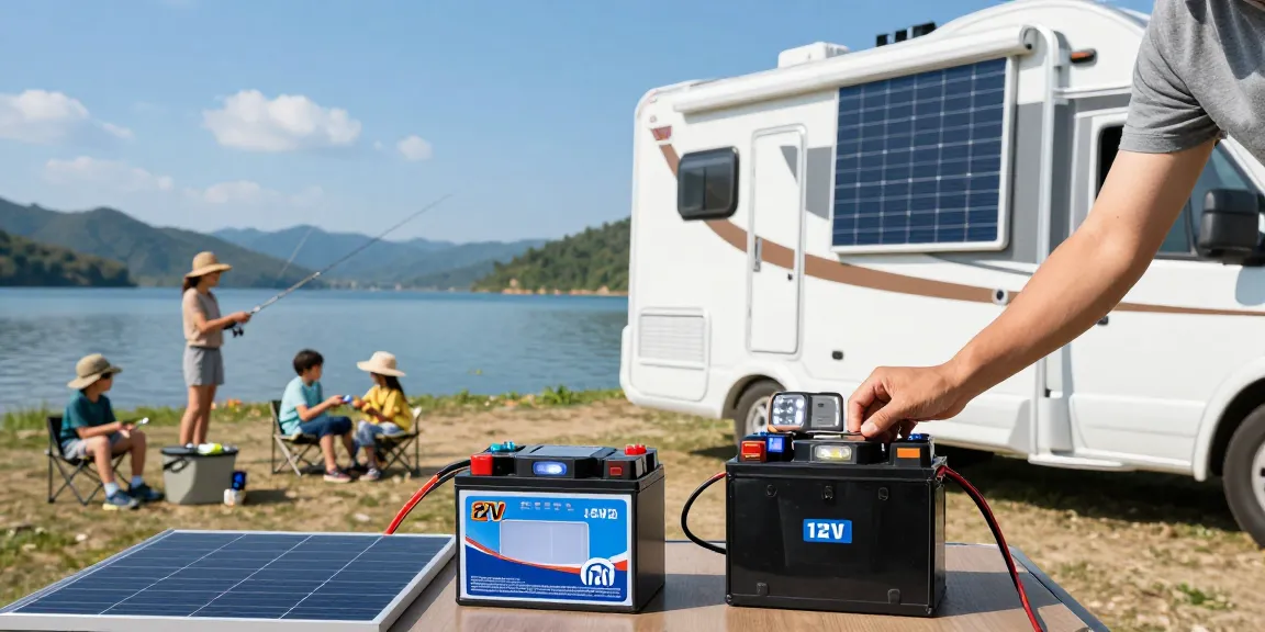 Family using 12V batteries to power appliances while enjoying the outdoors by the lake
