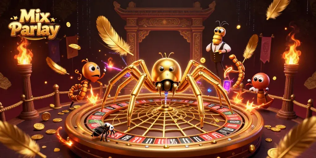Experience the excitement of Mix Parlay betting with a golden spider roulette web and a fly nervously placing bets.