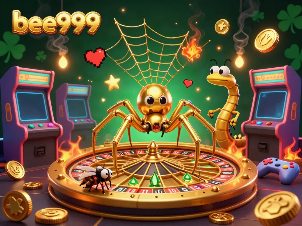 Experience thrilling gameplay with bee999 as a golden spider spins a roulette wheel web, surrounded by vibrant arcade elements.
