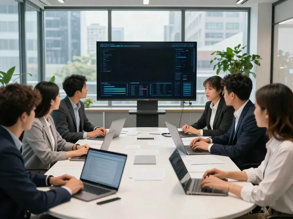 Business team collaborating in an office, read the full info here on data-driven strategies.