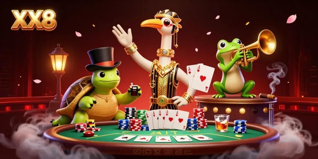 Experience the thrill of XX8 with a vibrant 3D scene featuring playful casino characters and gaming elements.