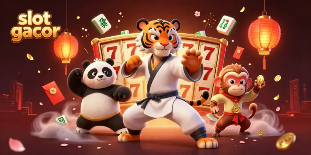 Discover winning strategies in slot gacor with a kung fu master, a panda, and a monkey surrounded by rich gaming elements.