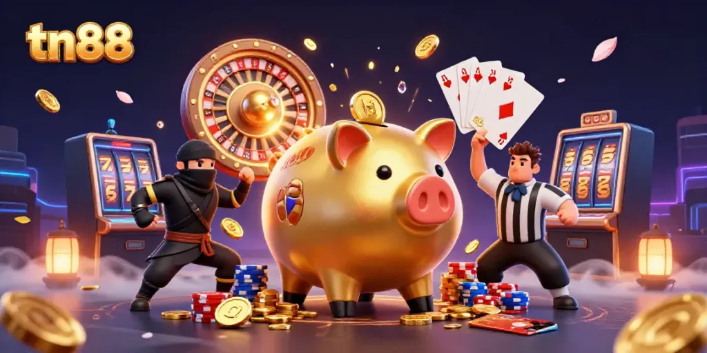 Win big with tn88 in a vibrant 3D casino scene of fun characters and dynamic game elements.