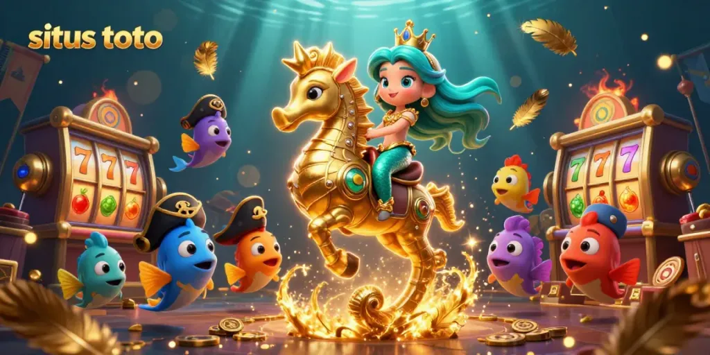 Bet on situs toto as a cartoon mermaid princess rides a seahorse surrounded by colorful fish and slot elements.