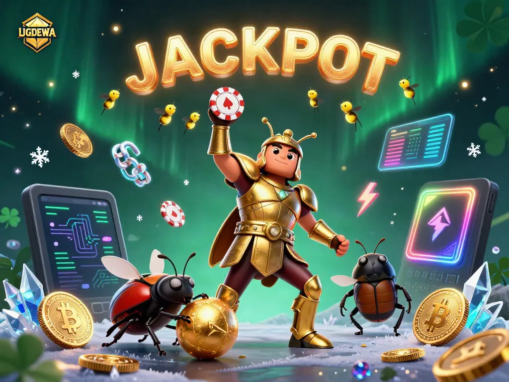 Celebrate wins at UGDEWA with a vibrant scene featuring a beetle champion lifting a poker chip amidst a jackpot!