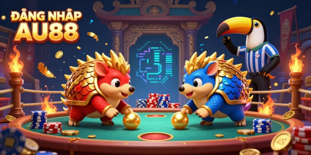 ĐĂNG NHẬP AU88 features vibrant pangolins rolling through poker chips, creating an exciting gambling atmosphere.
