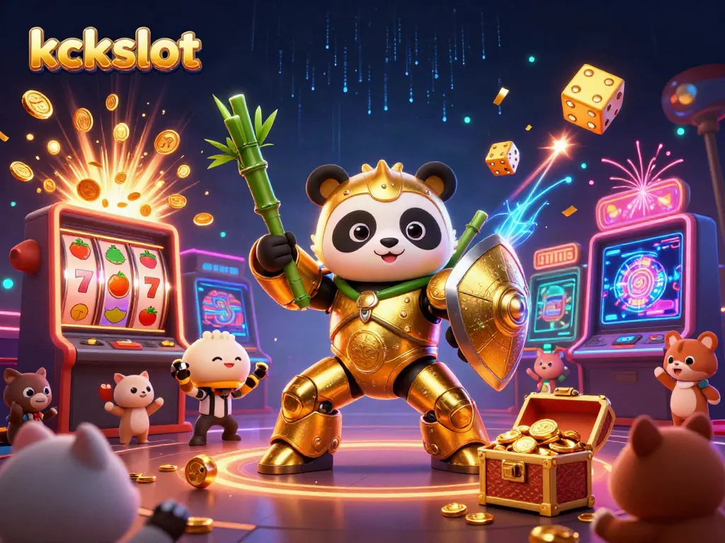 Ilustrasi 3D kckslot yang penuh detail, menampilkan panda emas dalam robot petarung di arena permainan.