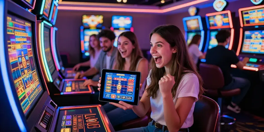 Friends celebrating a win at erigo4d's vibrant gaming lounge with colorful slot machines.