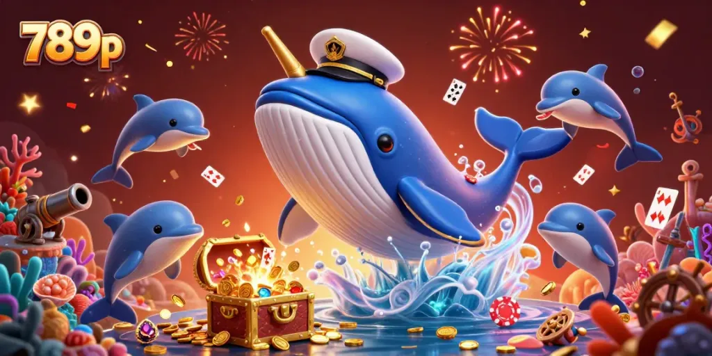 Engage with the vibrant underwater scene highlighted by the 789p brand, featuring a playful whale amidst poker-themed elements.