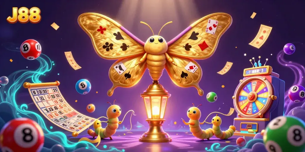 Engage in thrilling gameplay with J88, a vibrant 3D cartoon scene of a moth and casino elements