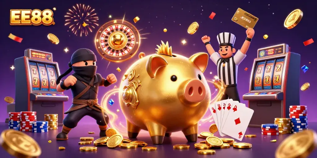 EE88 showcases a dynamic 3D scene with a golden piggy bank sumo wrestler, wallet ninja, and credit-card referee in action.