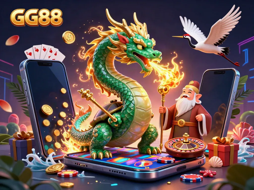 Engage with GG88's thrilling 3D dragon illustration featuring a rich casino scene filled with vibrant game elements.