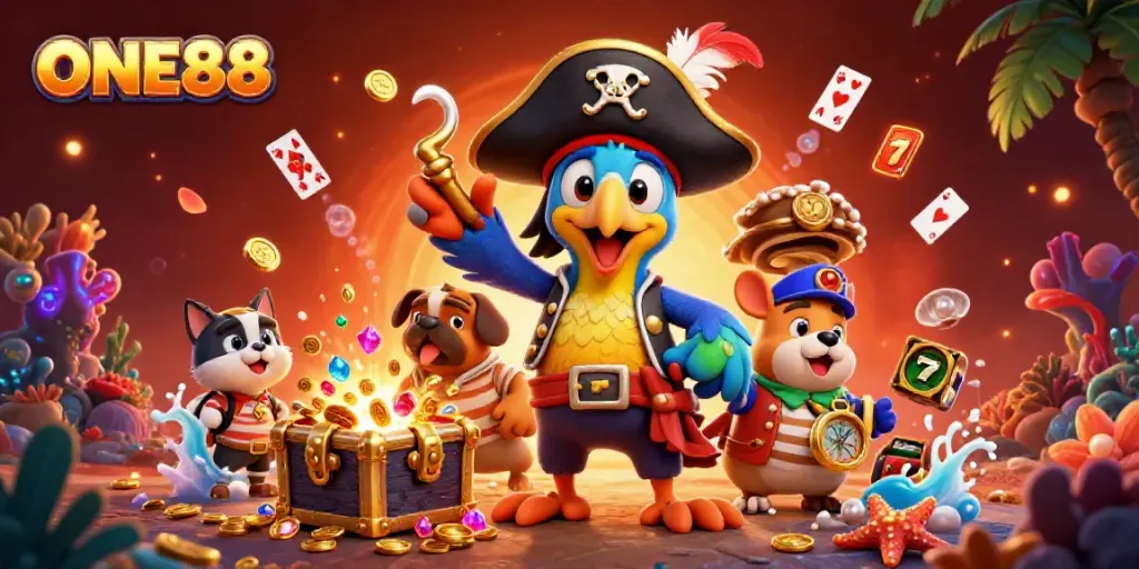 Engaging ONE88 pirate-themed casino illustration with gold coins, slot reels, and dynamic characters.