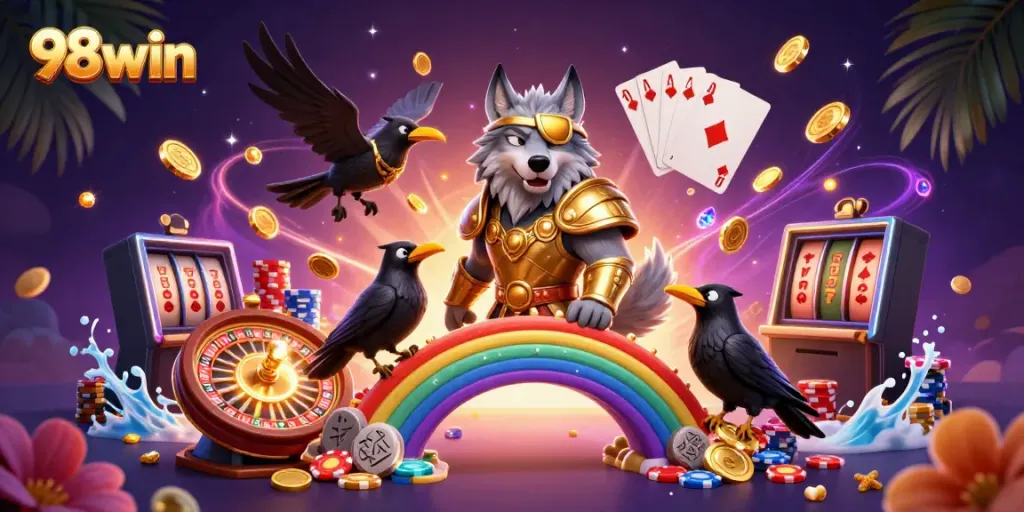 Engage with 98win's exciting gaming world featuring dynamic casino elements and characters.