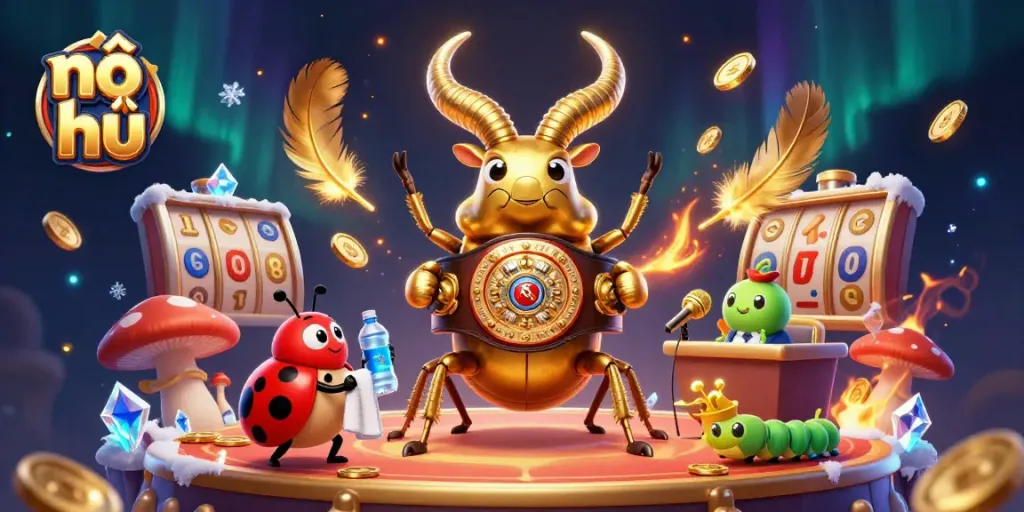 Experience the excitement of nổ hũ with a dynamic illustration of a golden stag beetle boxer, ladybug corner-man, and caterpillar announcer in a vibrant casino atmosphere.