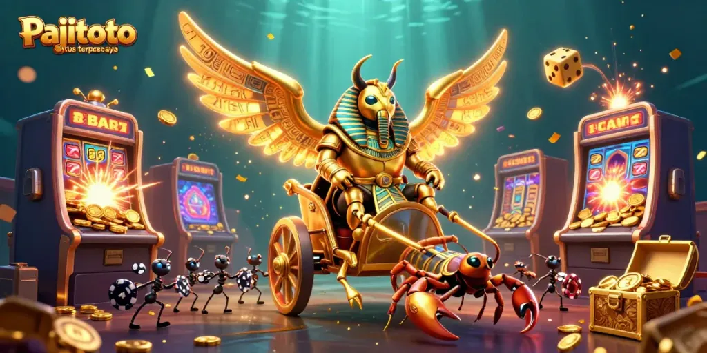 Pajitoto situs terpercaya illustrated with a golden scarab beetle, jackpot machines, and vibrant casino elements.