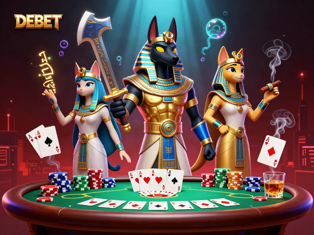 Experience thrilling gameplay with DEBET's vibrant poker scene featuring Anubis and Bastet!