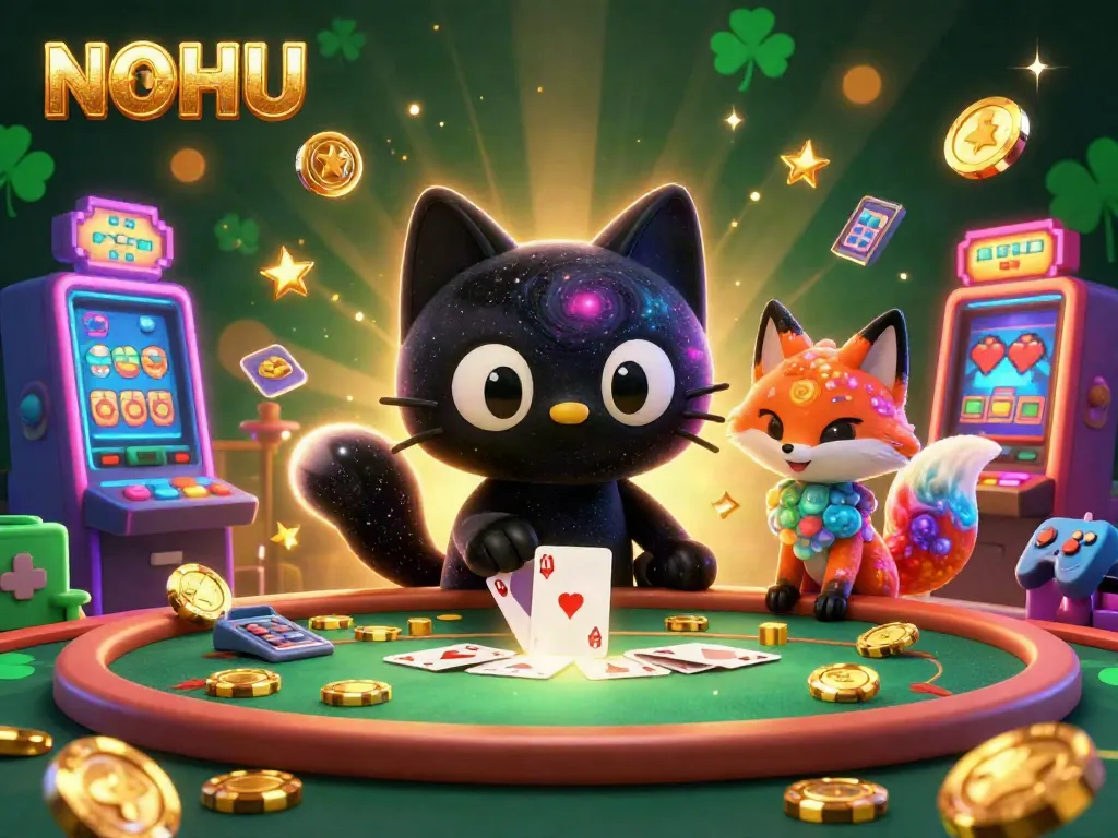 NOHU cat pulling in casino chips while colorful machines and glowing elements surround it.