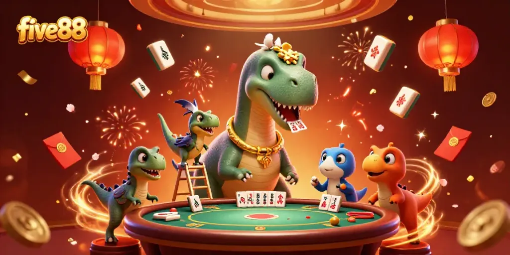 Engage with five88 in a vibrant 3D illustration of a playful casino scene filled with colorful celebrations.