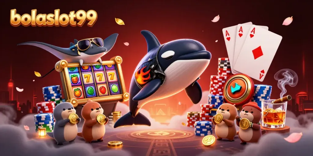 Bolaslot99 features an orca whale, stingray, and otters celebrating with golden coins, symbolizing jackpot wins.