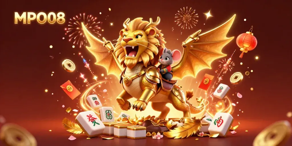 MPO08 engages players with an immersive illustration of a golden chimera leading a thrilling online slot adventure.