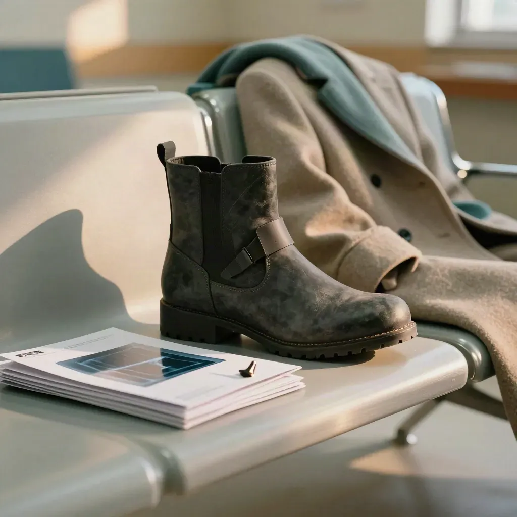 Ankle boot, radiology envelopes and crutch tip on a clinic bench in warm window light