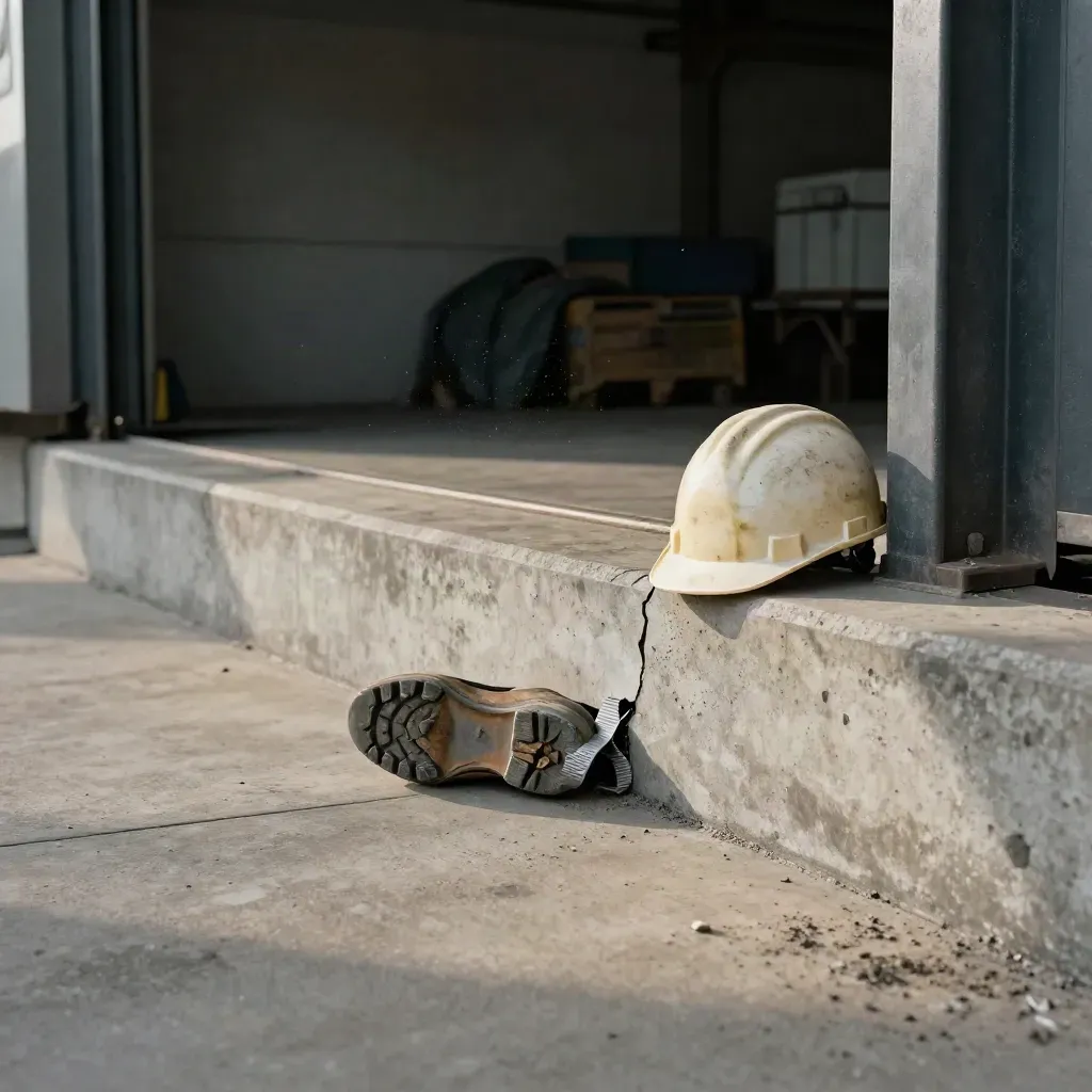 Cracked boot sole, coiled wrap, and hard hat at a loading dock in cold dust.