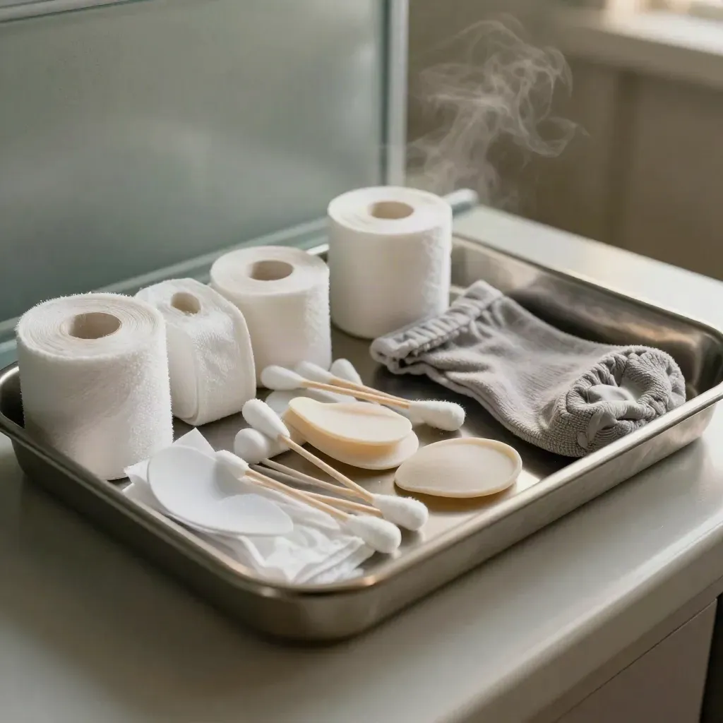 Opened podiatry treatment tray with gauze, heel cups, and cotton swabs in a pale exam room.