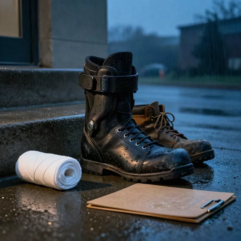 Orthopedic boot, work boot, wrap and case folder on rain-dark concrete by a courthouse edge.