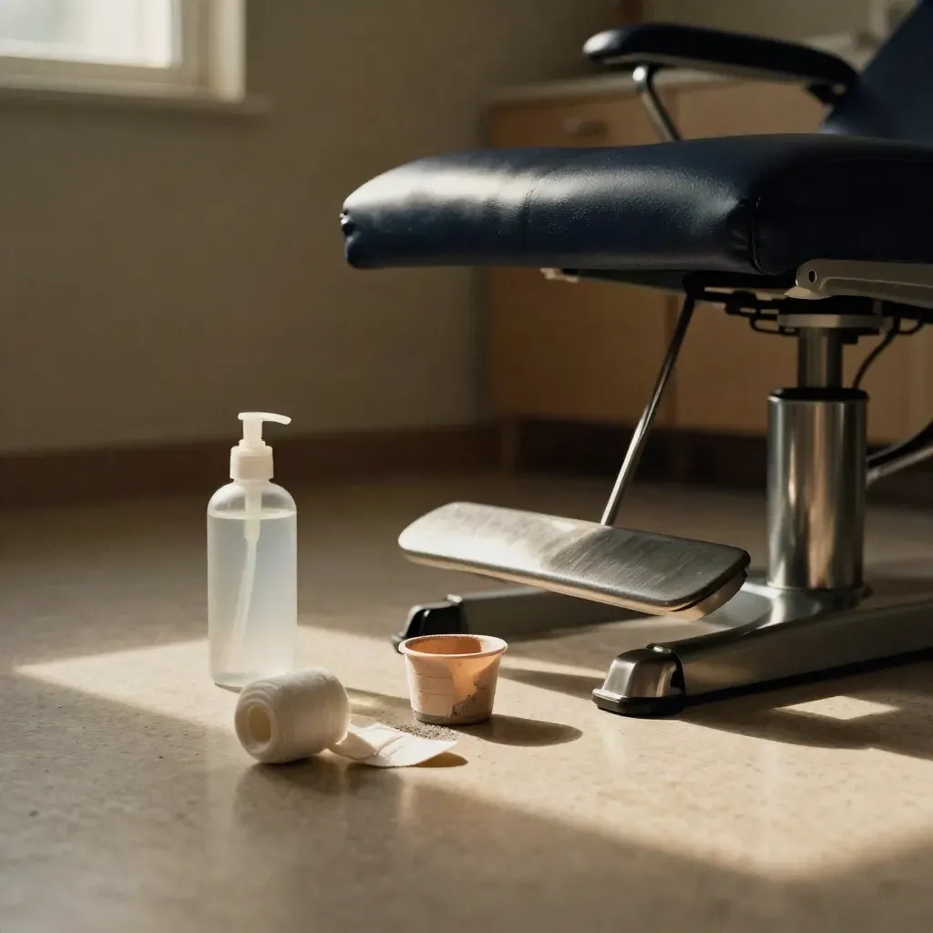 Heel cup, antiseptic bottle and bandage beside a treatment chair in a moody podiatry room.