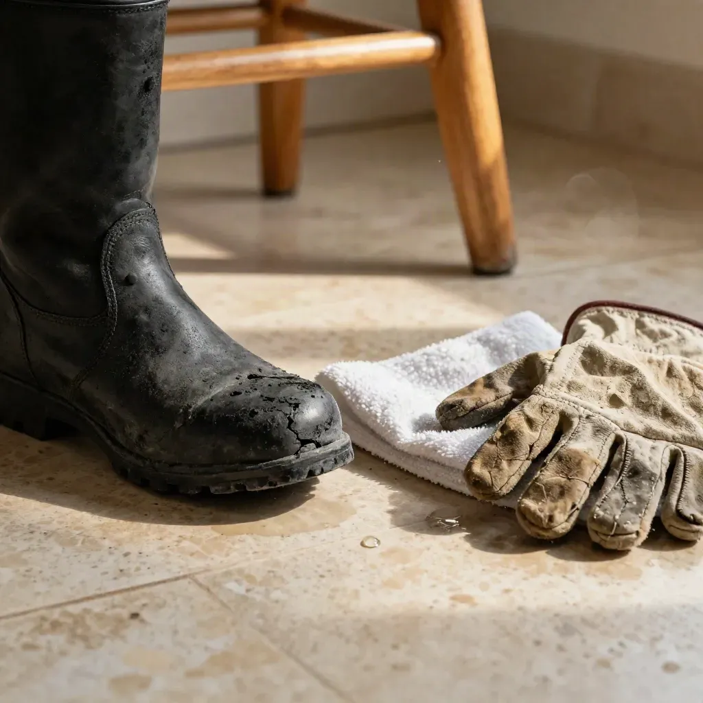 Fractured walking boot, melting towel, and worn glove on a kitchen tile floor by a sun-faded stool.