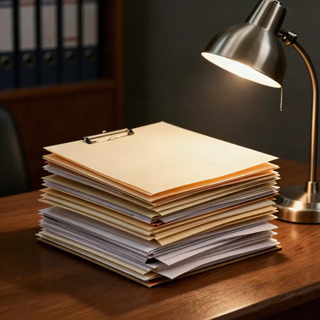 Medical file folders and scan envelopes under a desk lamp in a dark records review room.