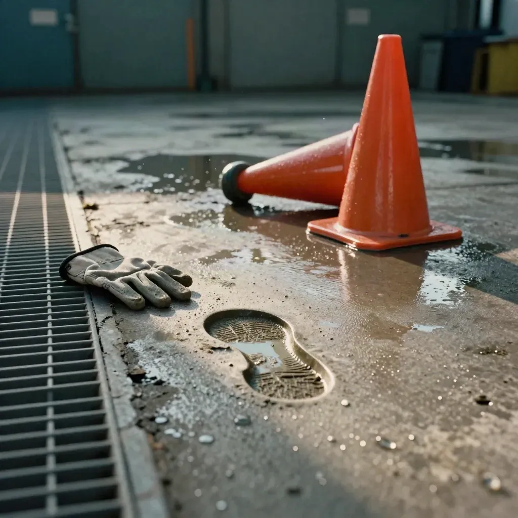 Wet warehouse threshold with boot print, tipped cone, glove and drain grate in drizzle