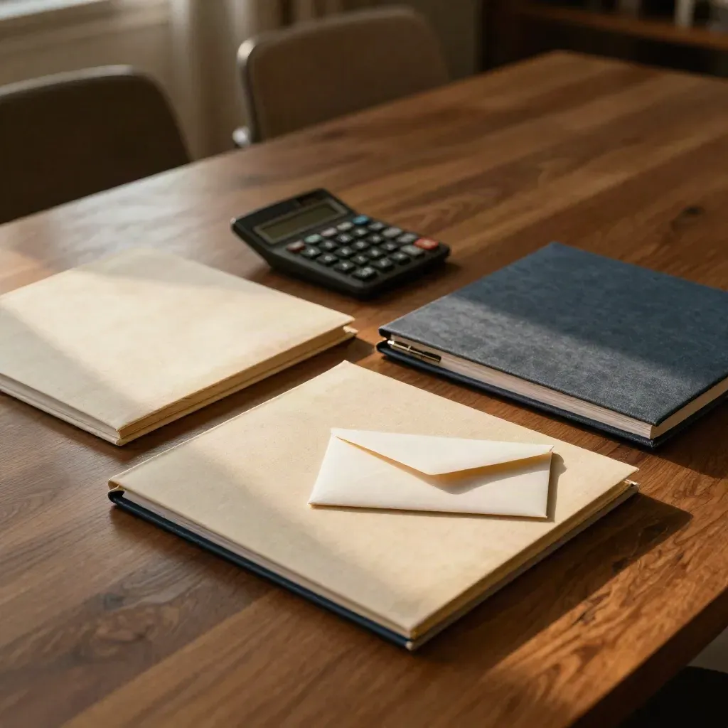 Legal folders, calculator, and envelope on a sunlit meeting table with chairs blurred behind.