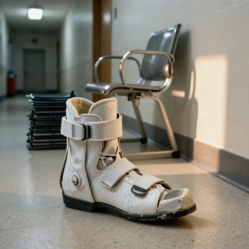 Fractured walking boot and radiology sleeves by a clinic corridor chair under stark hall light.
