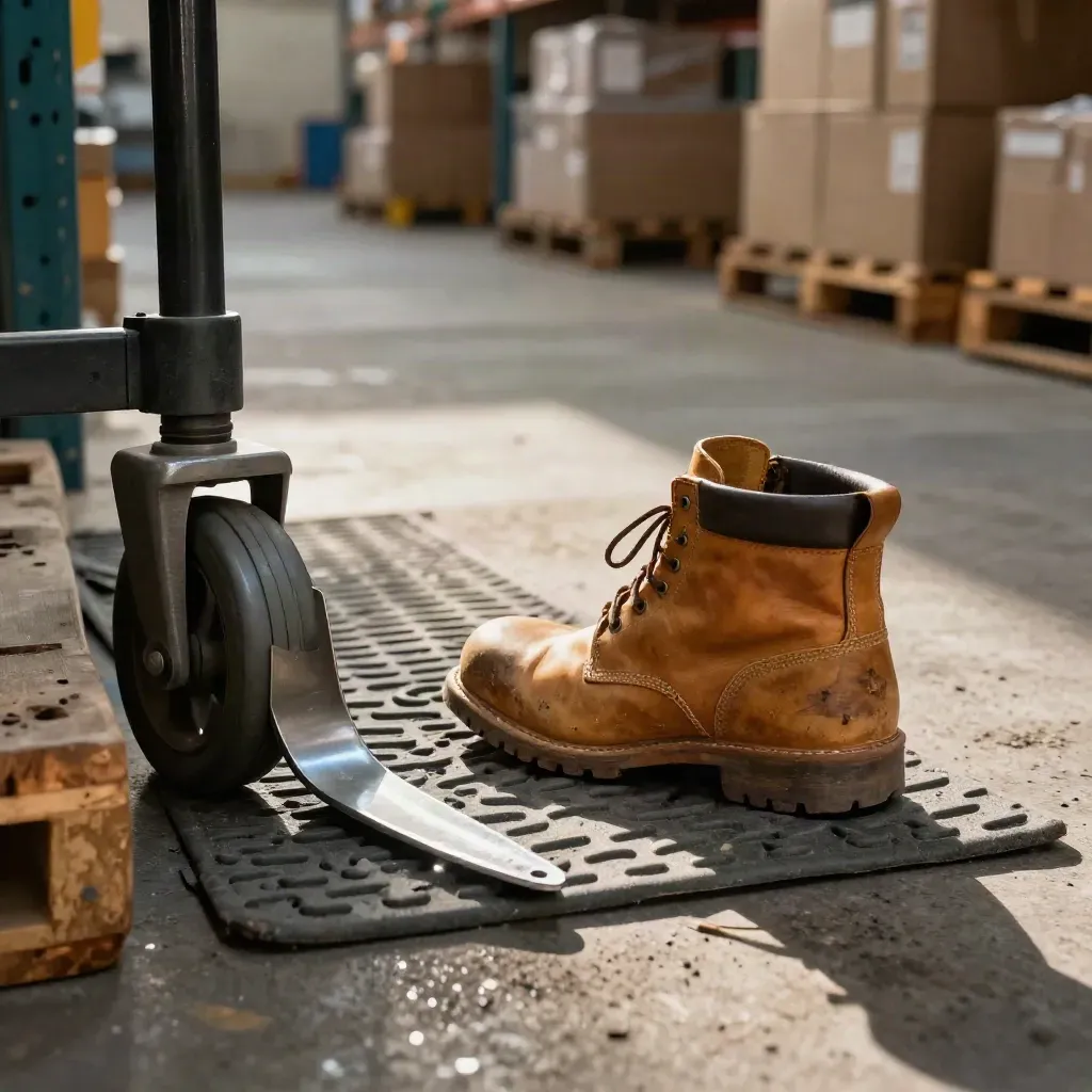 Scuffed work boot beside an anti-fatigue mat and pallet wheel in a warehouse aisle.