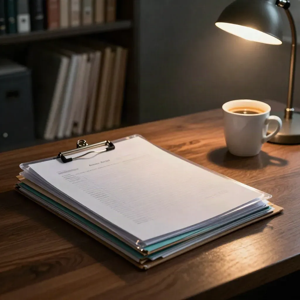 Legal chart sleeves, folder stack, coffee cup and lamp on a dark desk in a quiet office.
