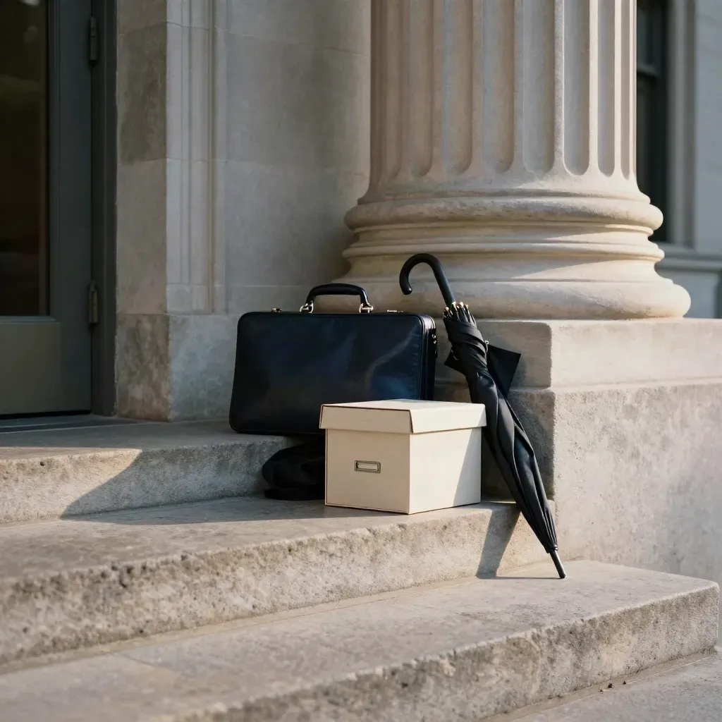 Briefcase, file box and umbrella on courthouse steps in warm morning light.